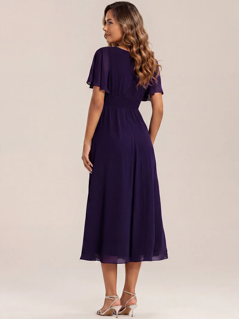 ever LILOU|Robe de soirée mi-longue en mousseline de soie à manches courtes