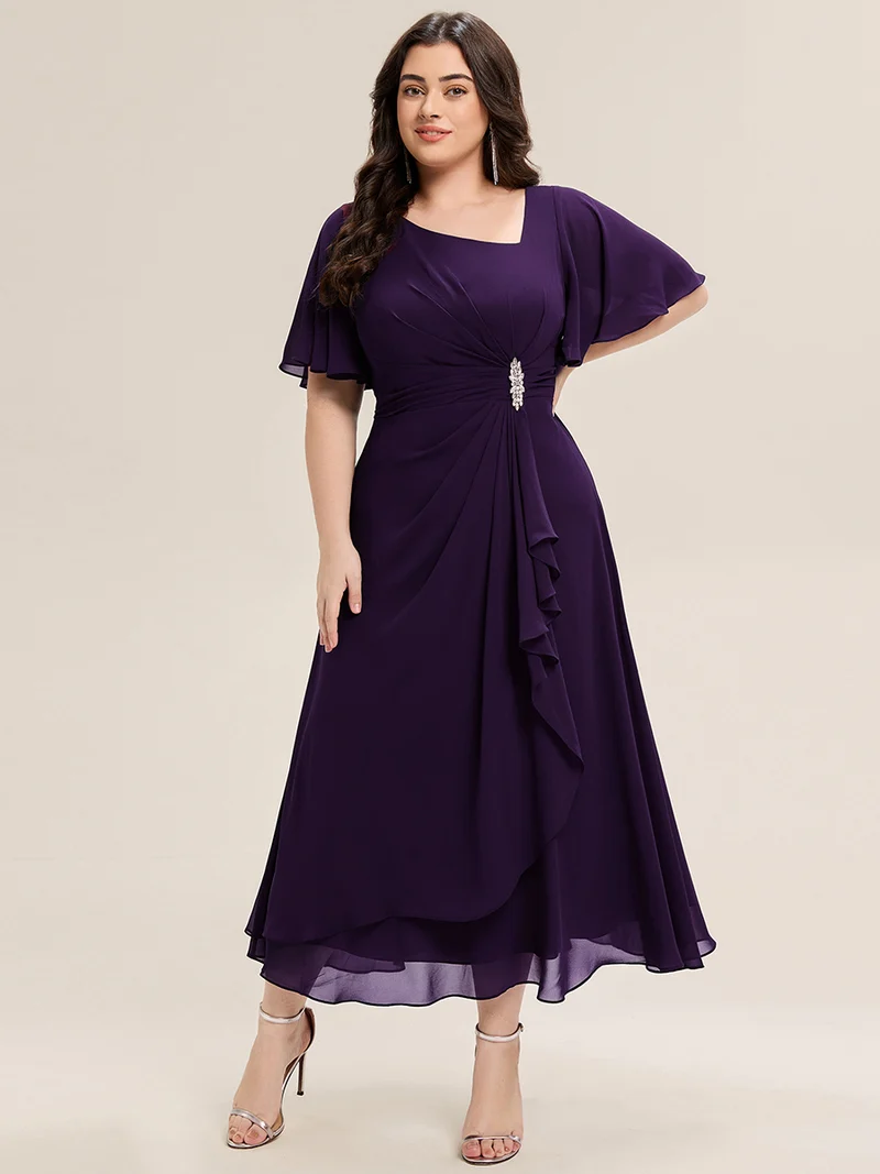 ever LILOU|Robe de soirée mi-longue en mousseline de soie à manches courtes