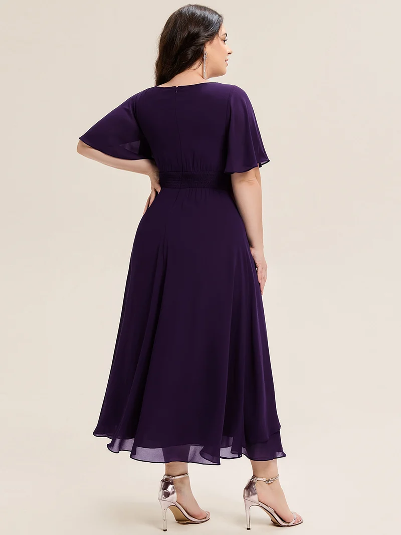 ever LILOU|Robe de soirée mi-longue en mousseline de soie à manches courtes