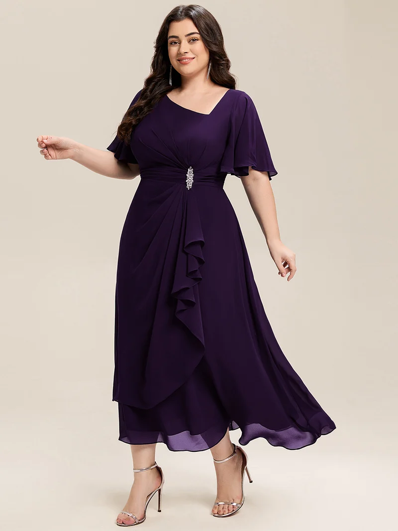 ever LILOU|Robe de soirée mi-longue en mousseline de soie à manches courtes