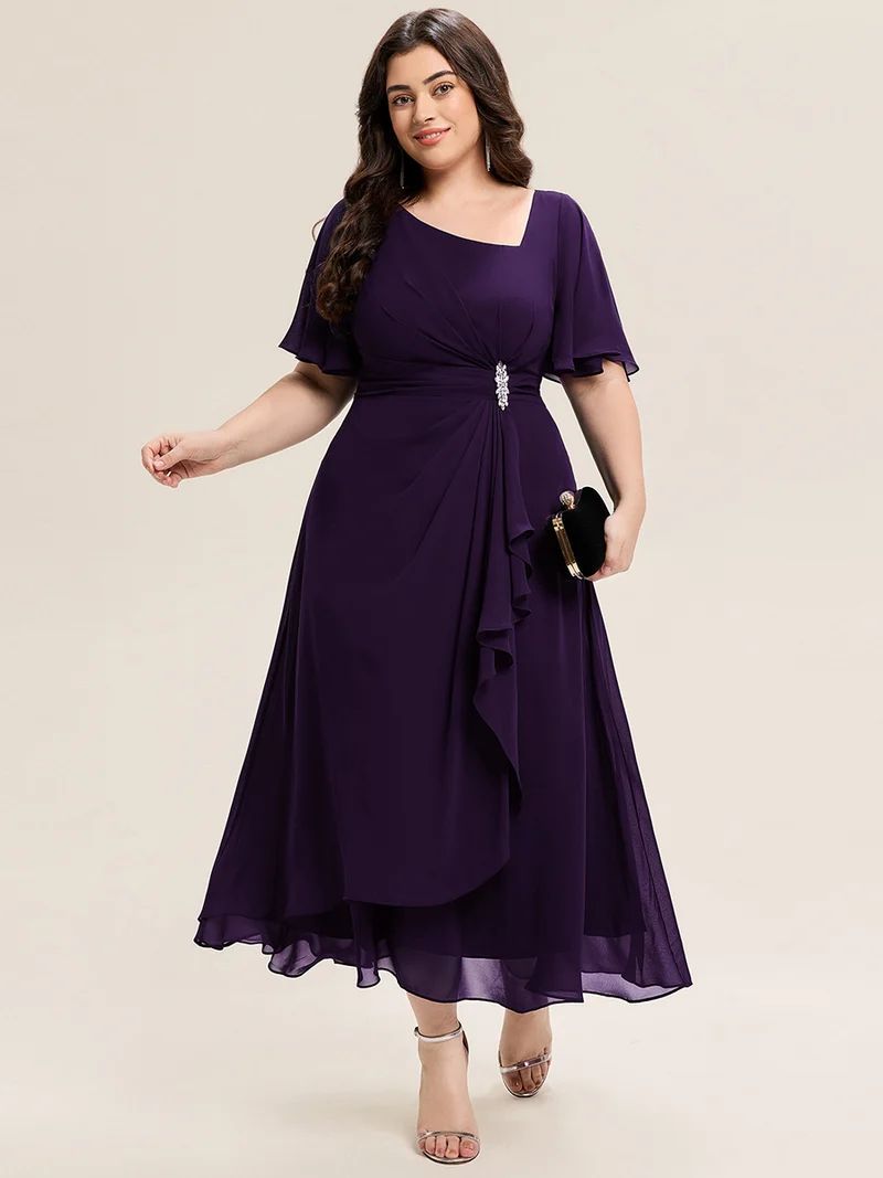 ever LILOU|Robe de soirée mi-longue en mousseline de soie à manches courtes