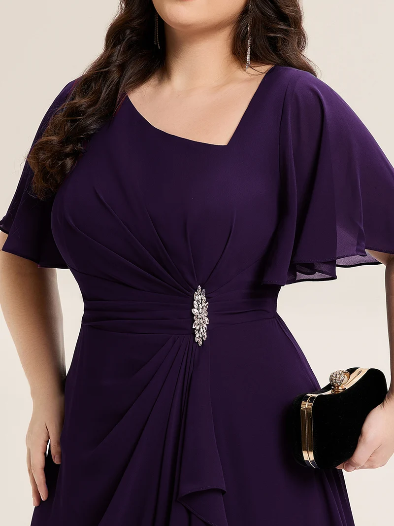 ever LILOU|Robe de soirée mi-longue en mousseline de soie à manches courtes