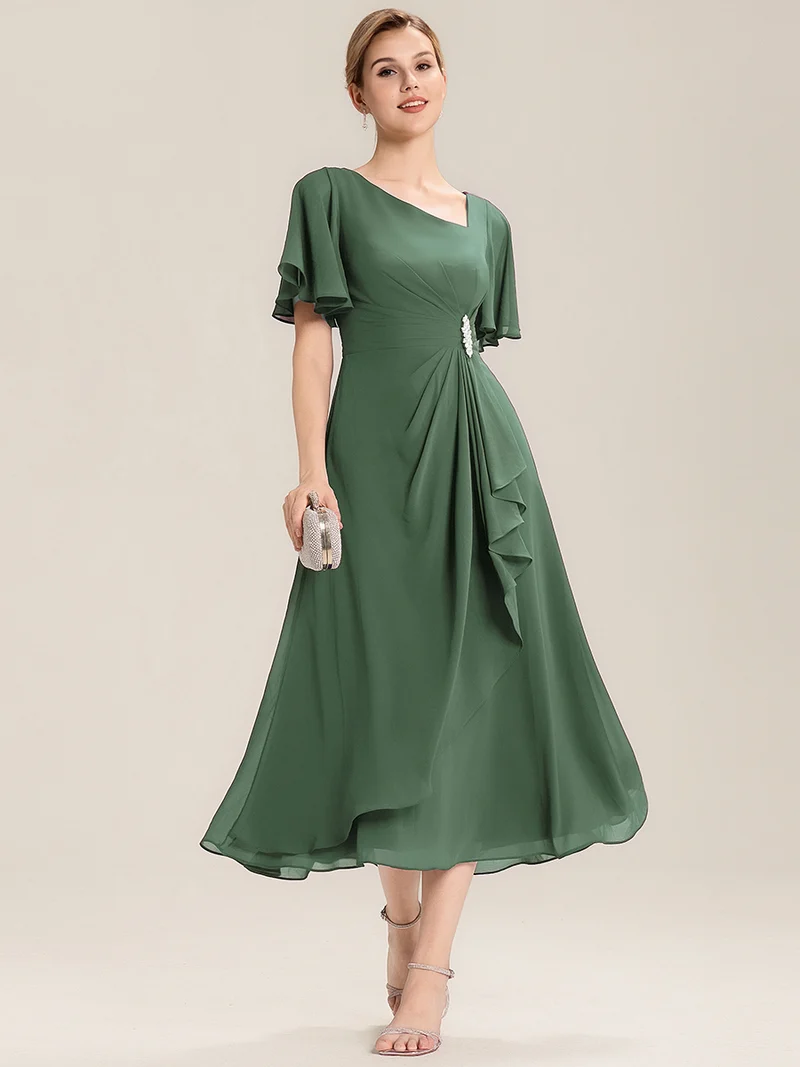 ever LILOU|Robe de soirée mi-longue en mousseline de soie à manches courtes