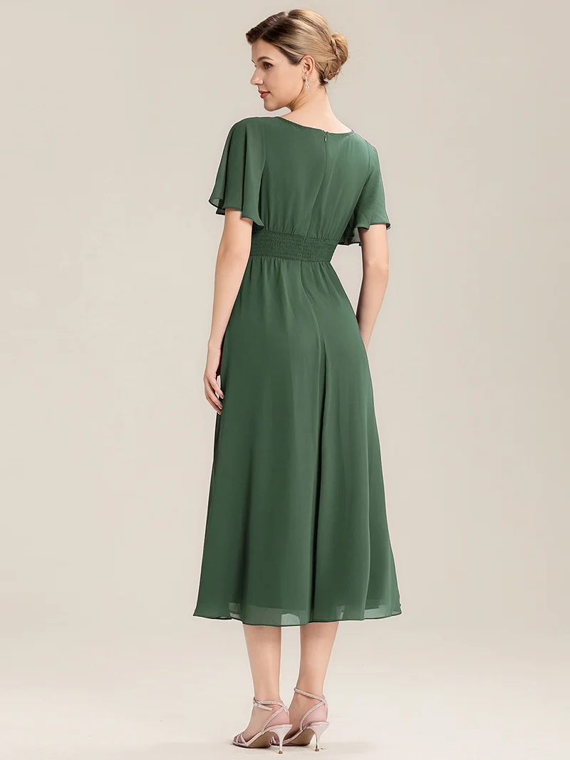 ever LILOU|Robe de soirée mi-longue en mousseline de soie à manches courtes