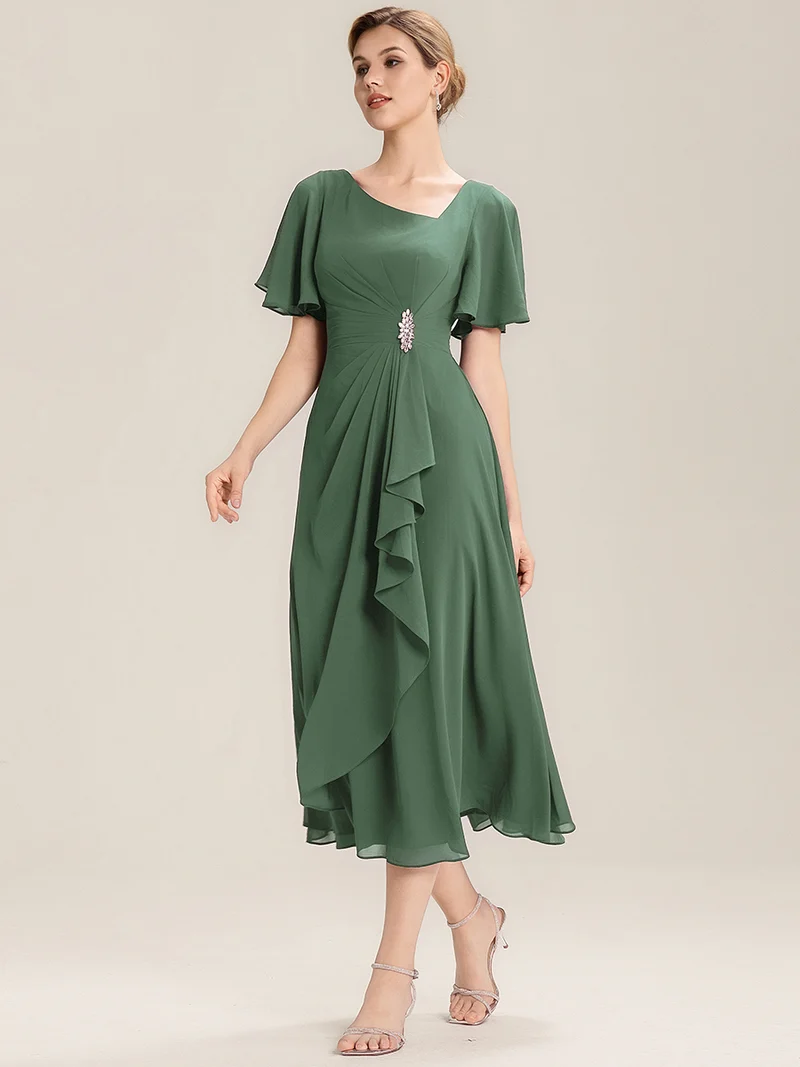 ever LILOU|Robe de soirée mi-longue en mousseline de soie à manches courtes