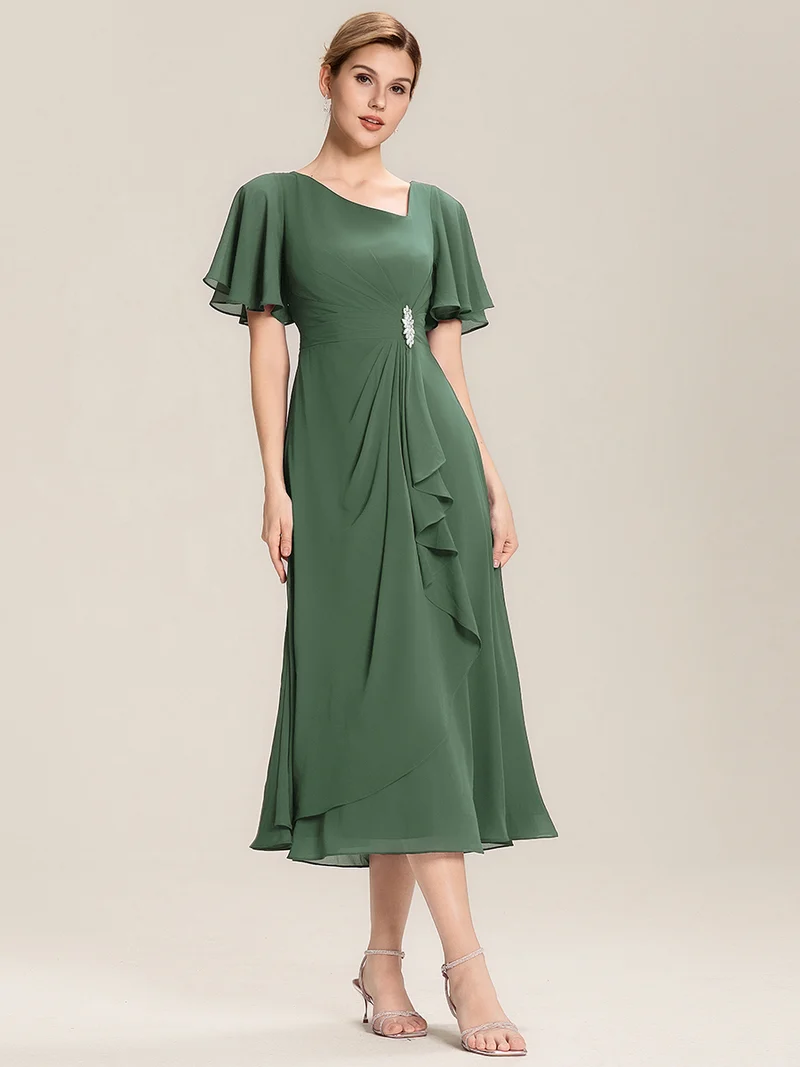 ever LILOU|Robe de soirée mi-longue en mousseline de soie à manches courtes
