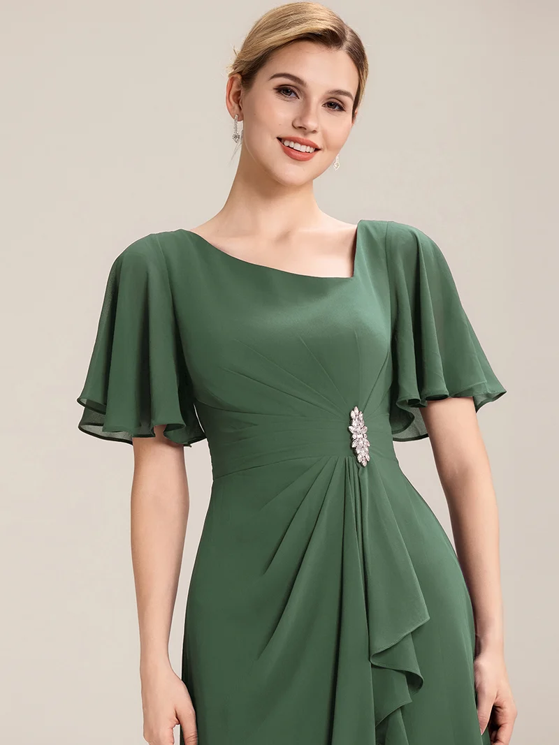 ever LILOU|Robe de soirée mi-longue en mousseline de soie à manches courtes