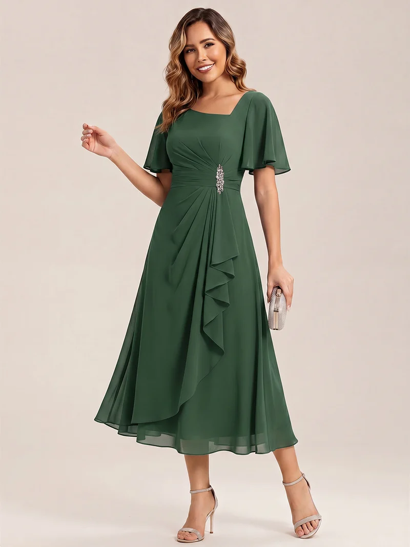 ever LILOU|Robe de soirée mi-longue en mousseline de soie à manches courtes