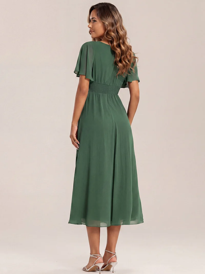 ever LILOU|Robe de soirée mi-longue en mousseline de soie à manches courtes