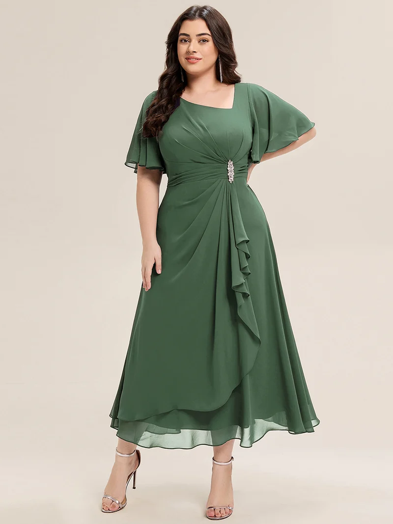 ever LILOU|Robe de soirée mi-longue en mousseline de soie à manches courtes