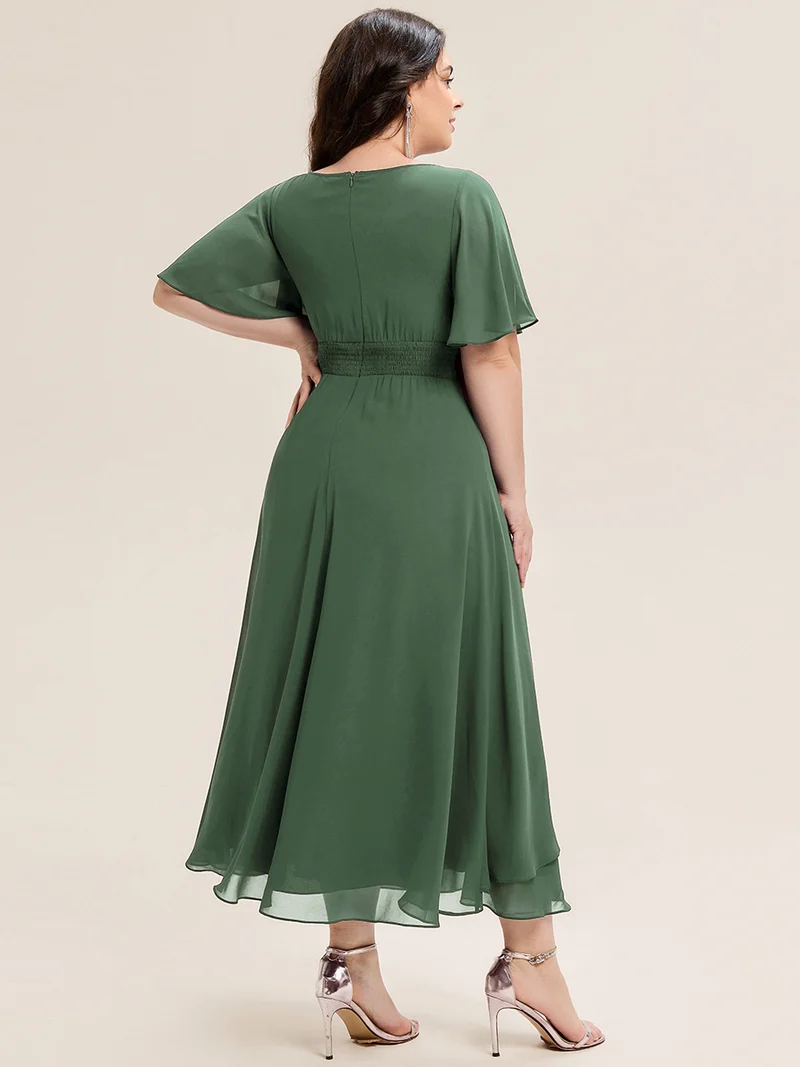ever LILOU|Robe de soirée mi-longue en mousseline de soie à manches courtes