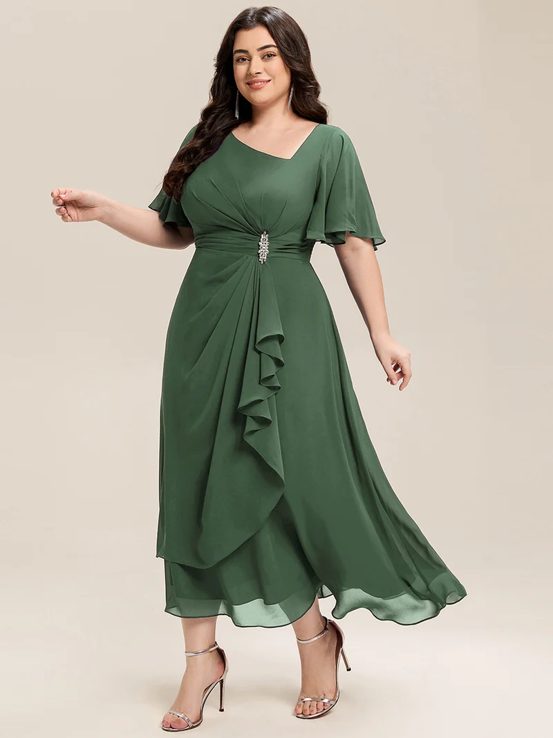 ever LILOU|Robe de soirée mi-longue en mousseline de soie à manches courtes