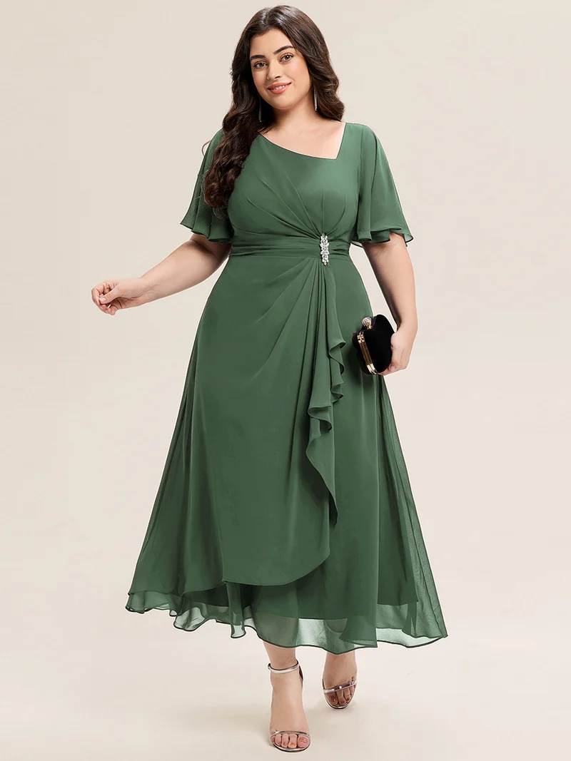 ever LILOU|Robe de soirée mi-longue en mousseline de soie à manches courtes