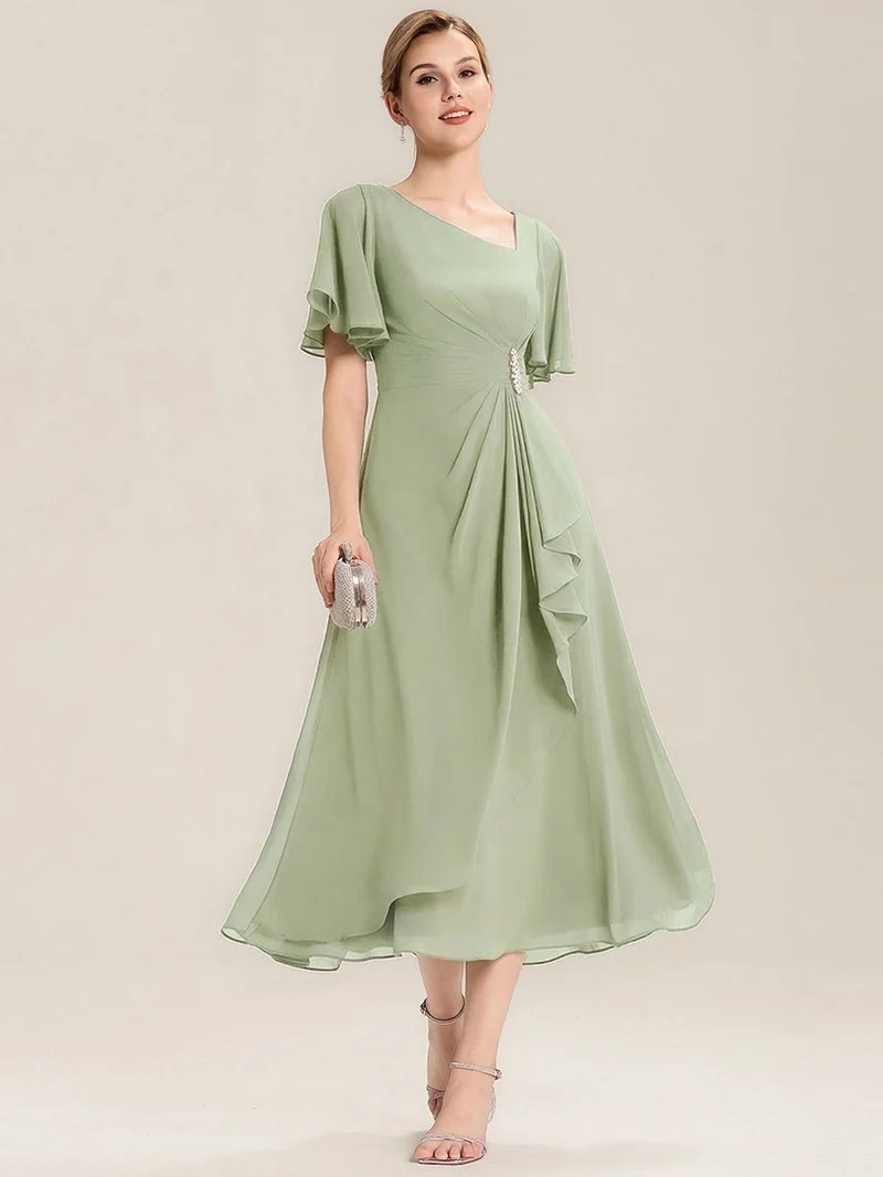 ever LILOU|Robe de soirée mi-longue en mousseline de soie à manches courtes