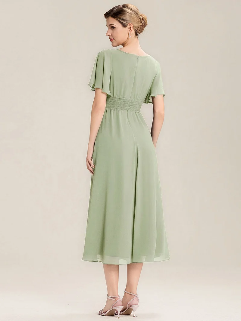 ever LILOU|Robe de soirée mi-longue en mousseline de soie à manches courtes