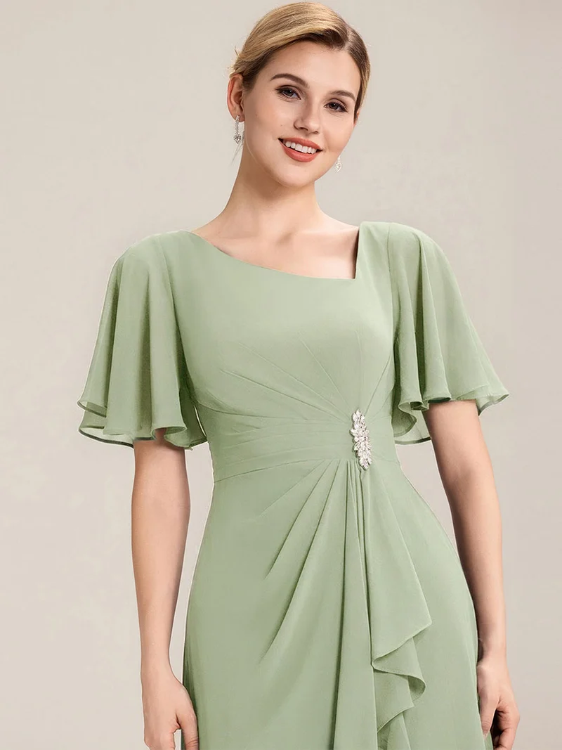 ever LILOU|Robe de soirée mi-longue en mousseline de soie à manches courtes