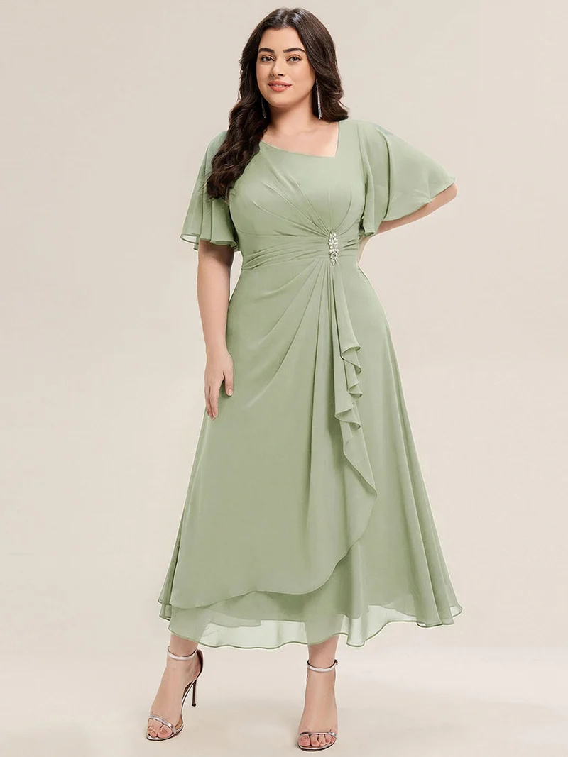 ever LILOU|Robe de soirée mi-longue en mousseline de soie à manches courtes