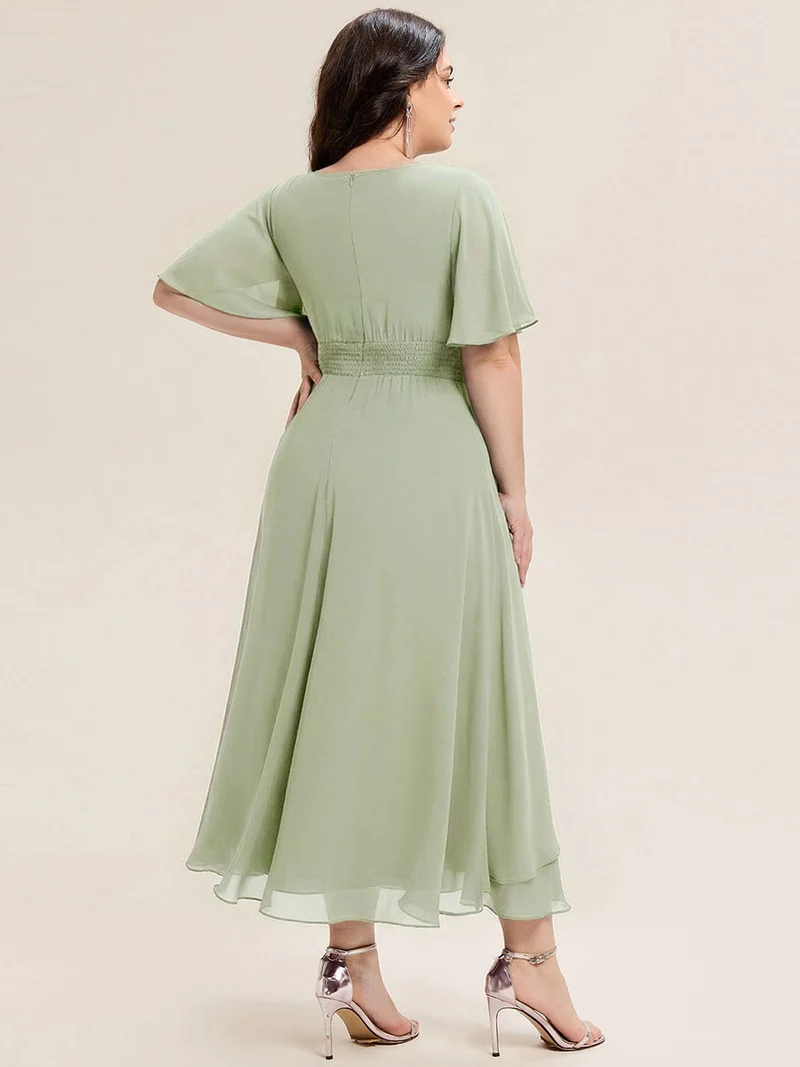 ever LILOU|Robe de soirée mi-longue en mousseline de soie à manches courtes