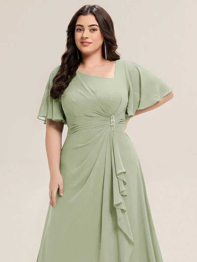 ever LILOU|Robe de soirée mi-longue en mousseline de soie à manches courtes