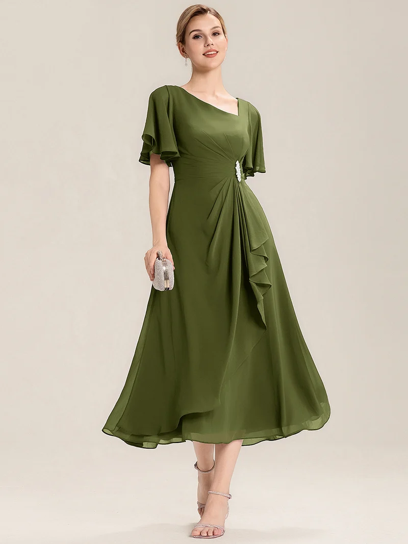 ever LILOU|Robe de soirée mi-longue en mousseline de soie à manches courtes