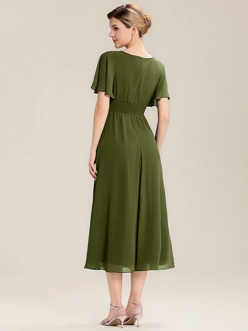 ever LILOU|Robe de soirée mi-longue en mousseline de soie à manches courtes