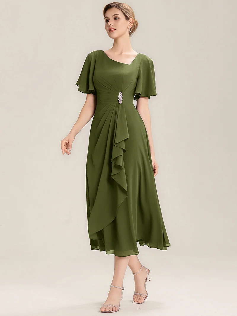 ever LILOU|Robe de soirée mi-longue en mousseline de soie à manches courtes