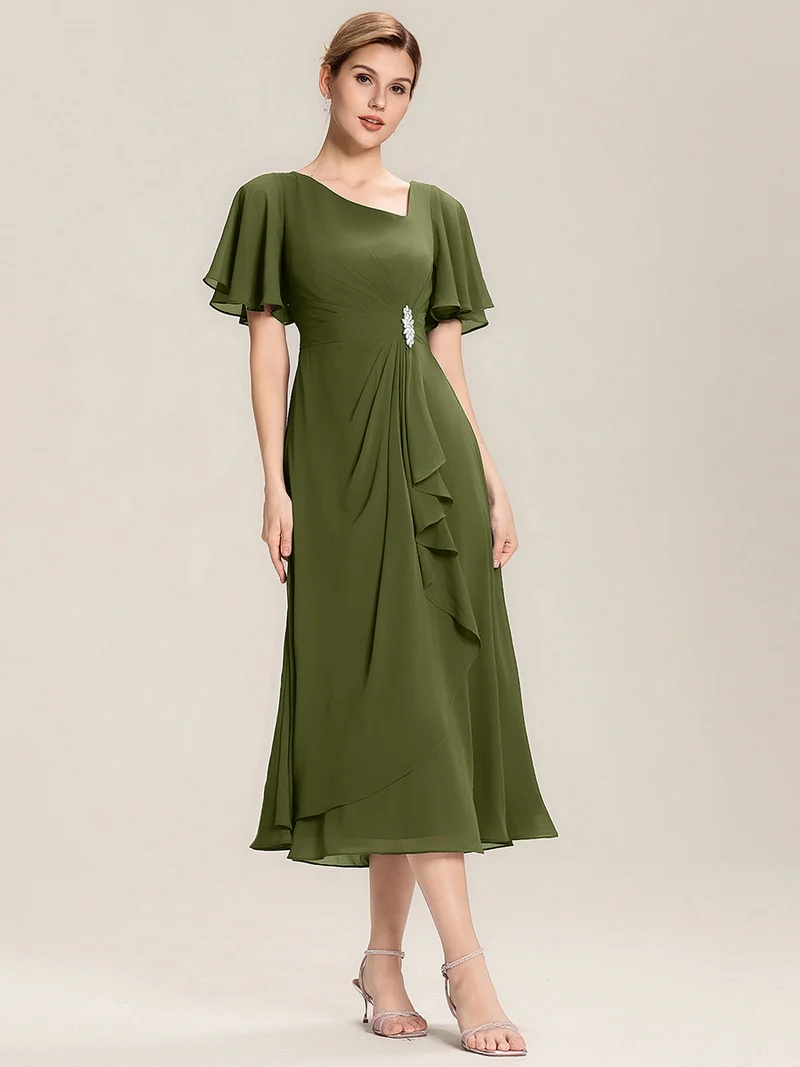 ever LILOU|Robe de soirée mi-longue en mousseline de soie à manches courtes