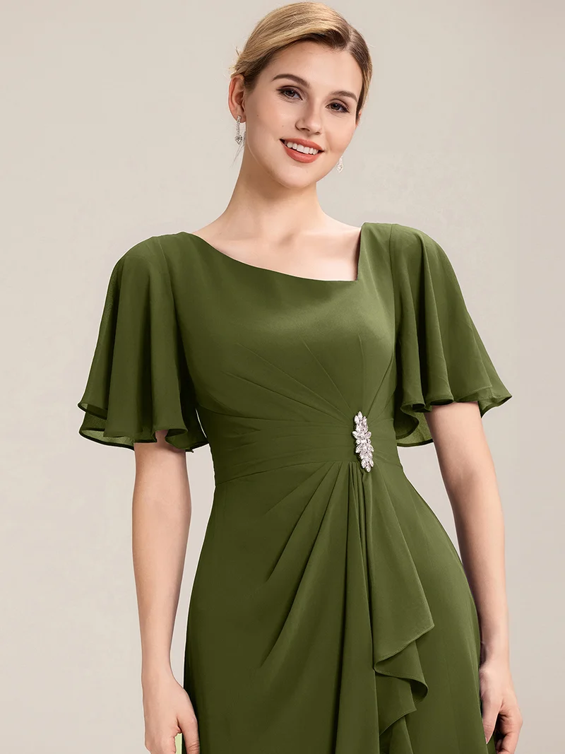 ever LILOU|Robe de soirée mi-longue en mousseline de soie à manches courtes