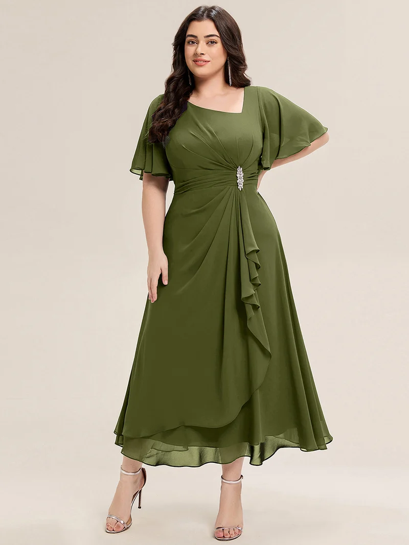 ever LILOU|Robe de soirée mi-longue en mousseline de soie à manches courtes