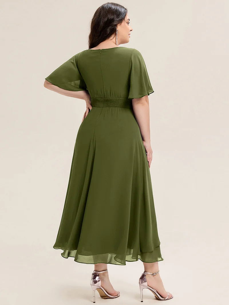ever LILOU|Robe de soirée mi-longue en mousseline de soie à manches courtes