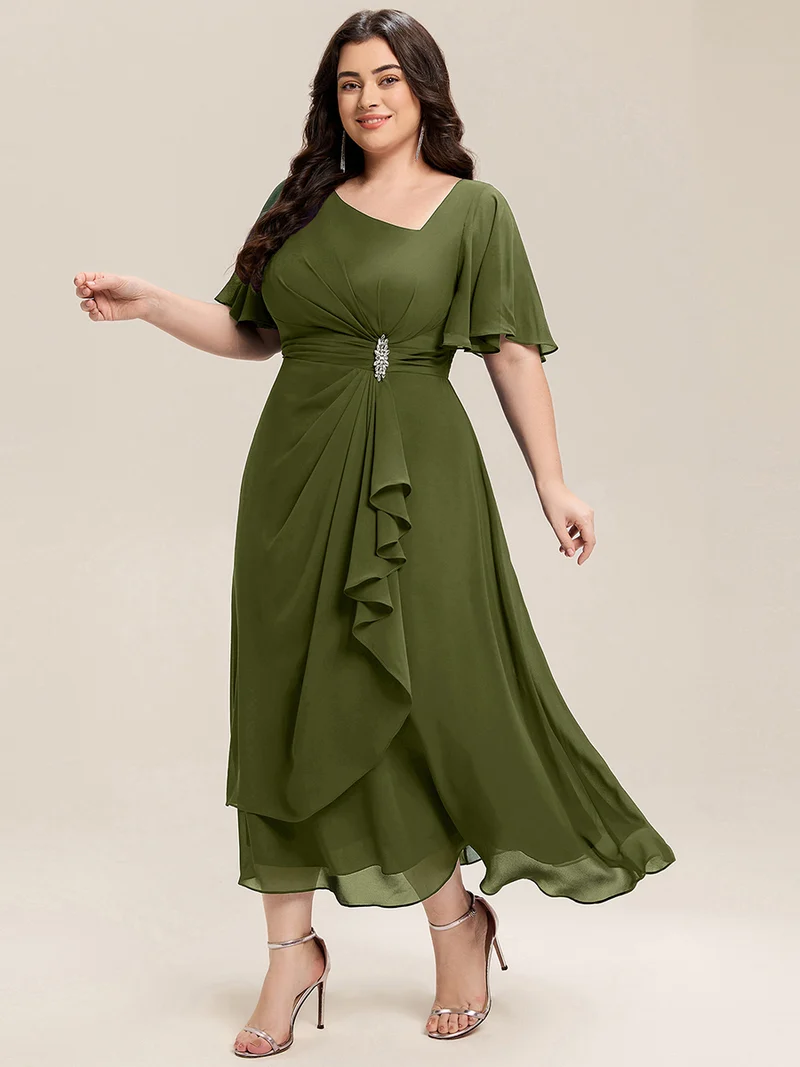 ever LILOU|Robe de soirée mi-longue en mousseline de soie à manches courtes