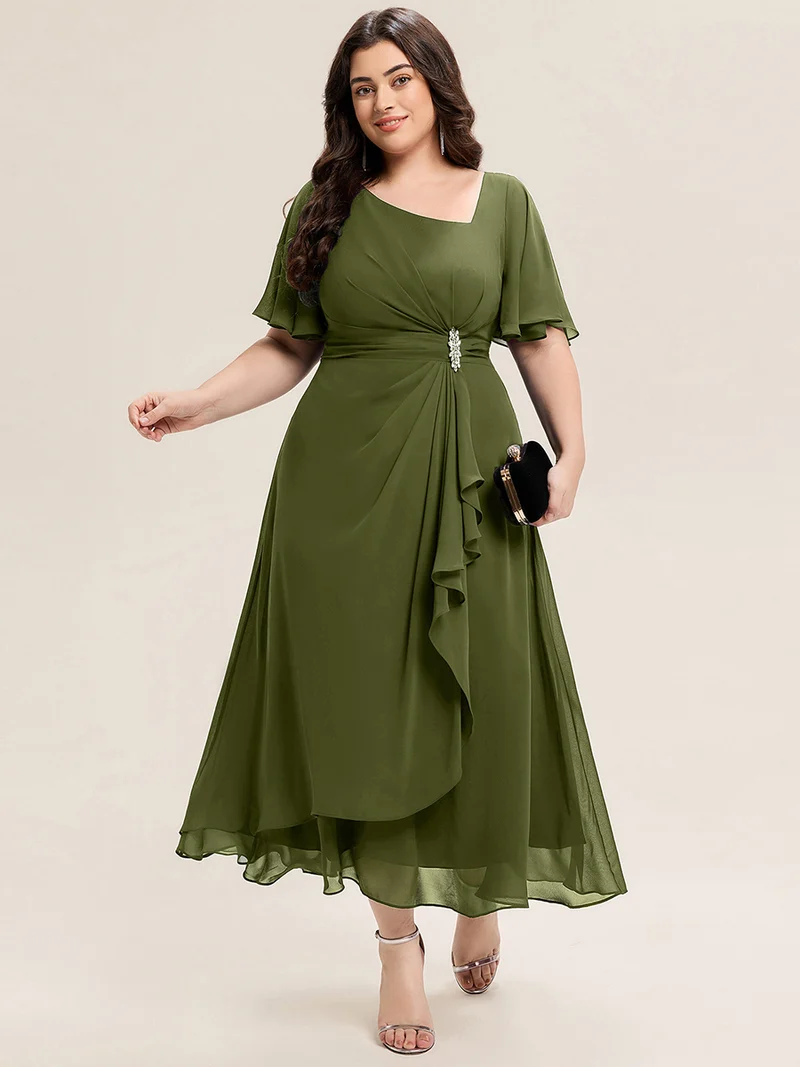ever LILOU|Robe de soirée mi-longue en mousseline de soie à manches courtes