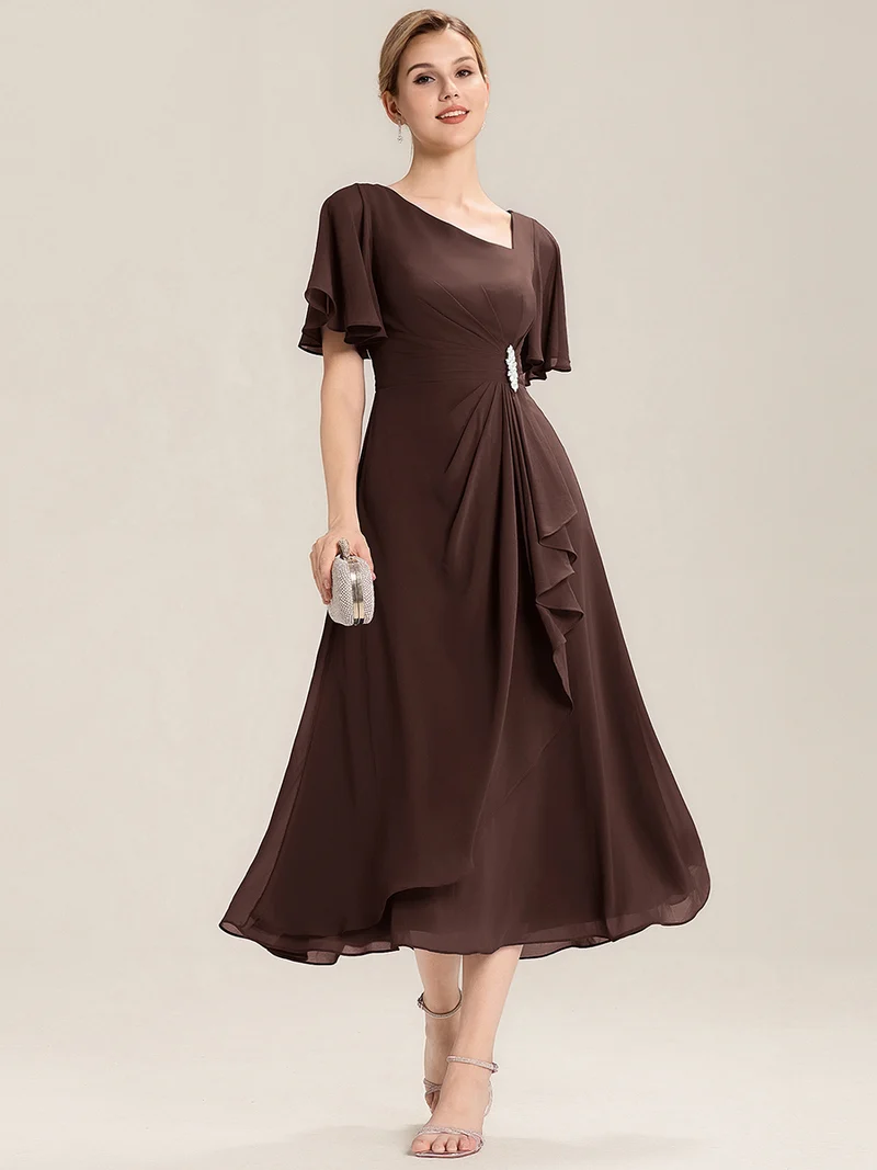 ever LILOU|Robe de soirée mi-longue en mousseline de soie à manches courtes