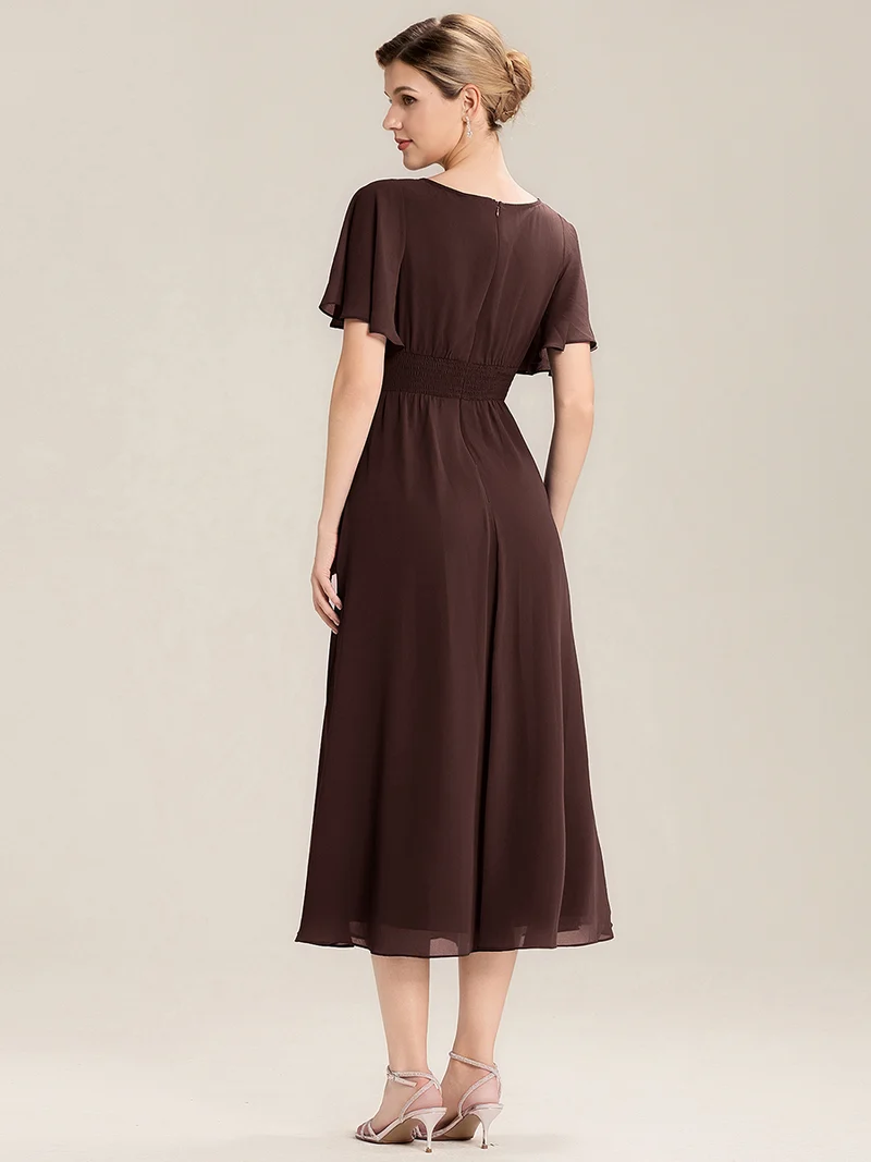 ever LILOU|Robe de soirée mi-longue en mousseline de soie à manches courtes