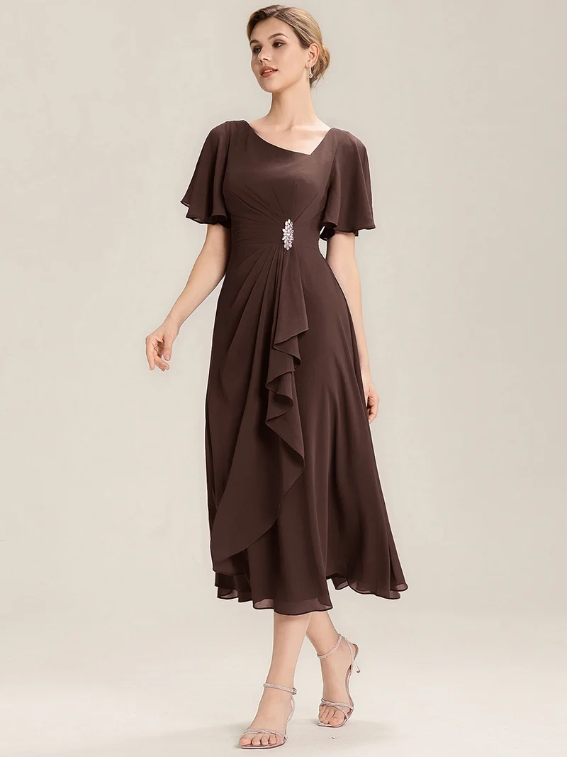 ever LILOU|Robe de soirée mi-longue en mousseline de soie à manches courtes