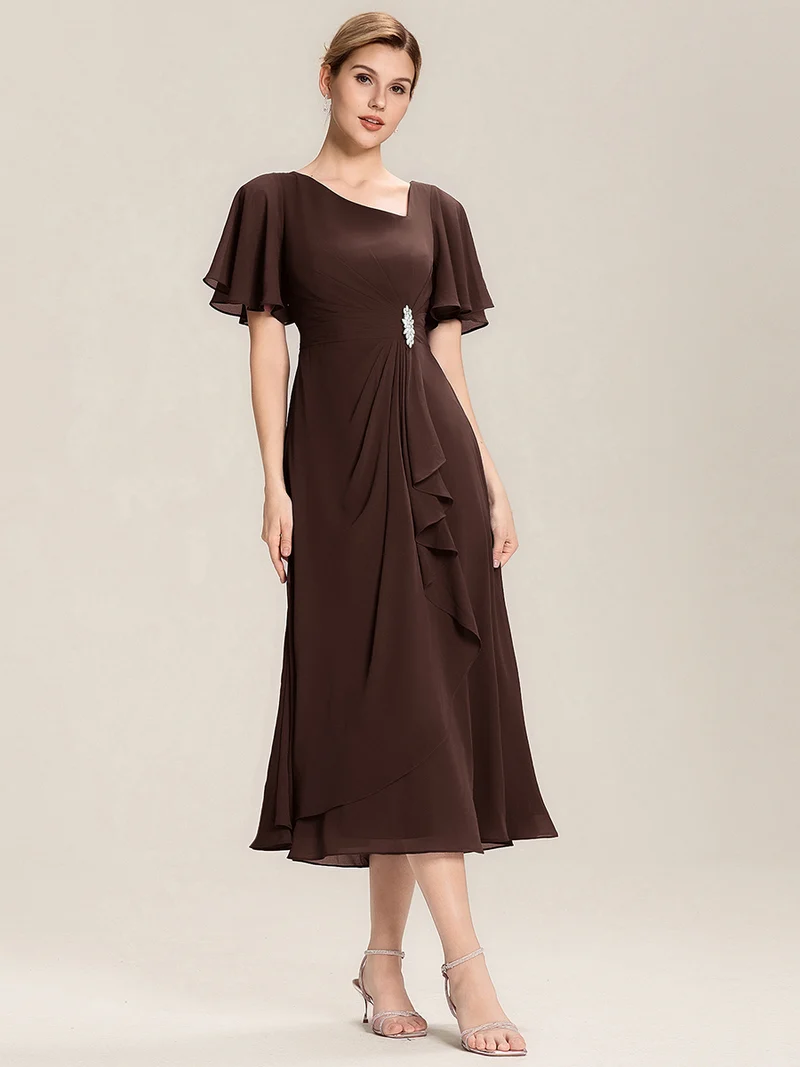 ever LILOU|Robe de soirée mi-longue en mousseline de soie à manches courtes