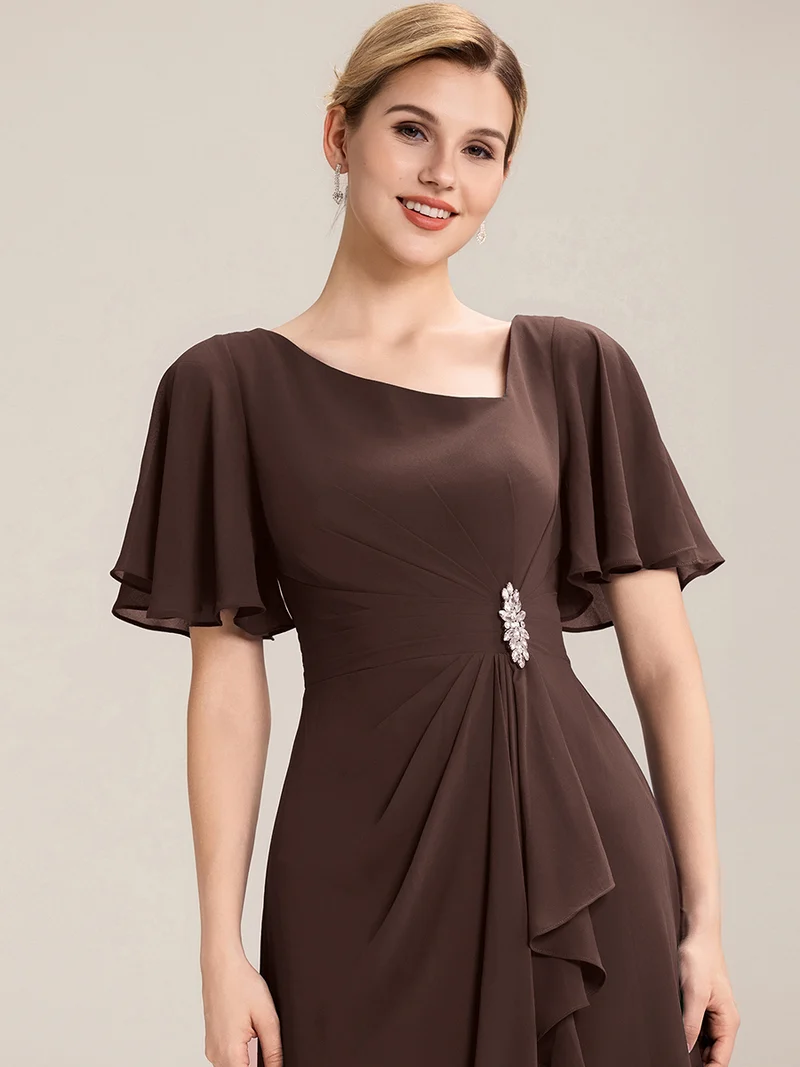 ever LILOU|Robe de soirée mi-longue en mousseline de soie à manches courtes