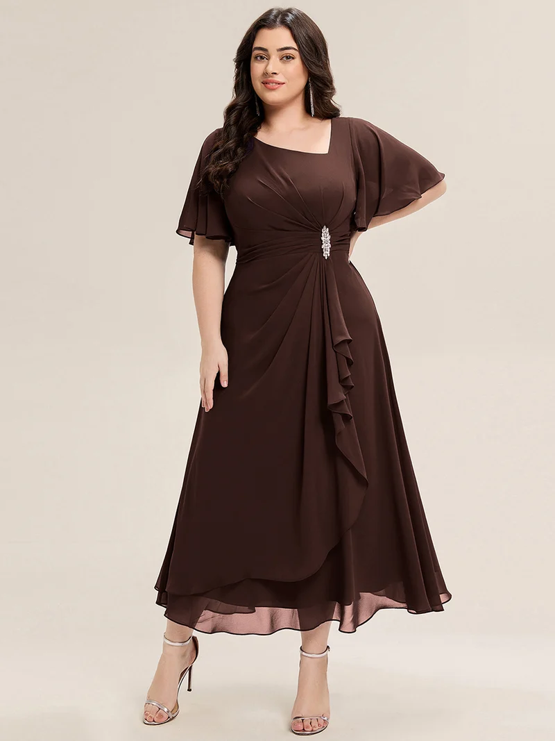 ever LILOU|Robe de soirée mi-longue en mousseline de soie à manches courtes