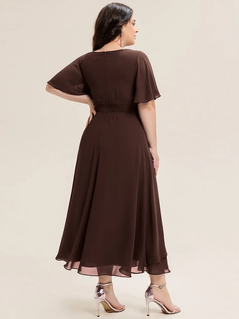 ever LILOU|Robe de soirée mi-longue en mousseline de soie à manches courtes