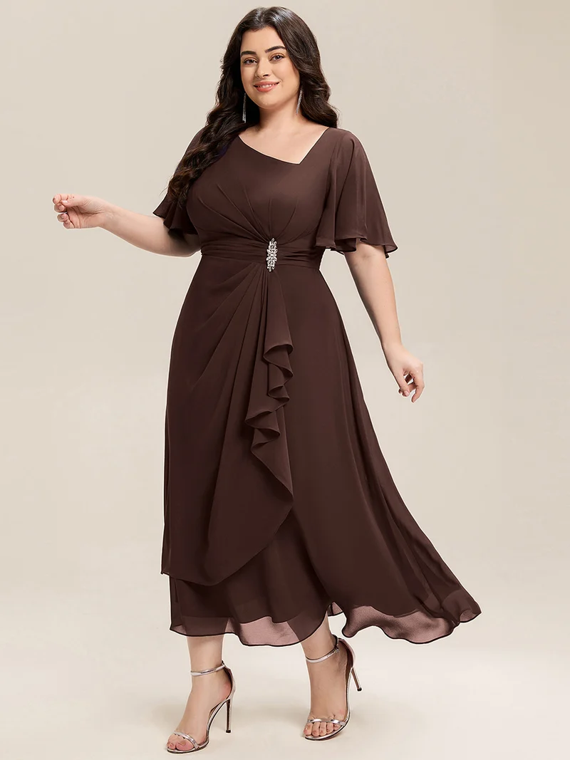 ever LILOU|Robe de soirée mi-longue en mousseline de soie à manches courtes