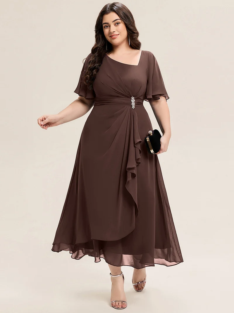 ever LILOU|Robe de soirée mi-longue en mousseline de soie à manches courtes