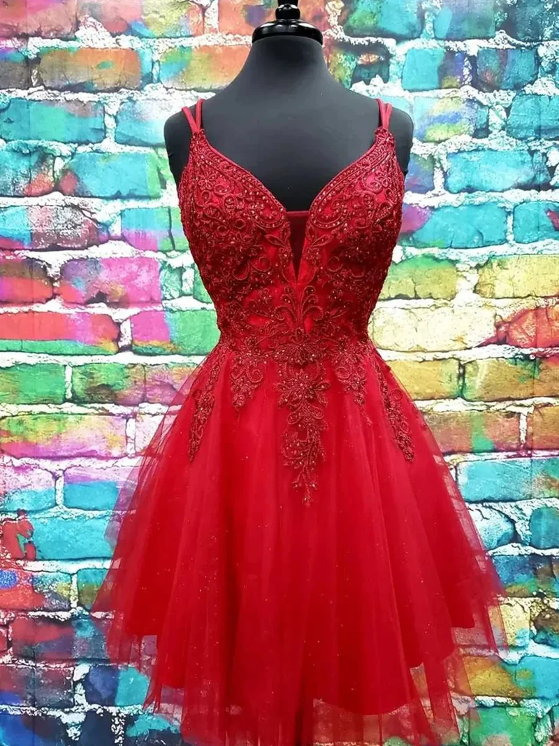 Robe de bal courte en dentelle, coupe trapèze, col en V, tulle, sans manches, lacets