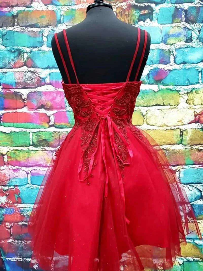 Robe de bal courte en dentelle, coupe trapèze, col en V, tulle, sans manches, lacets