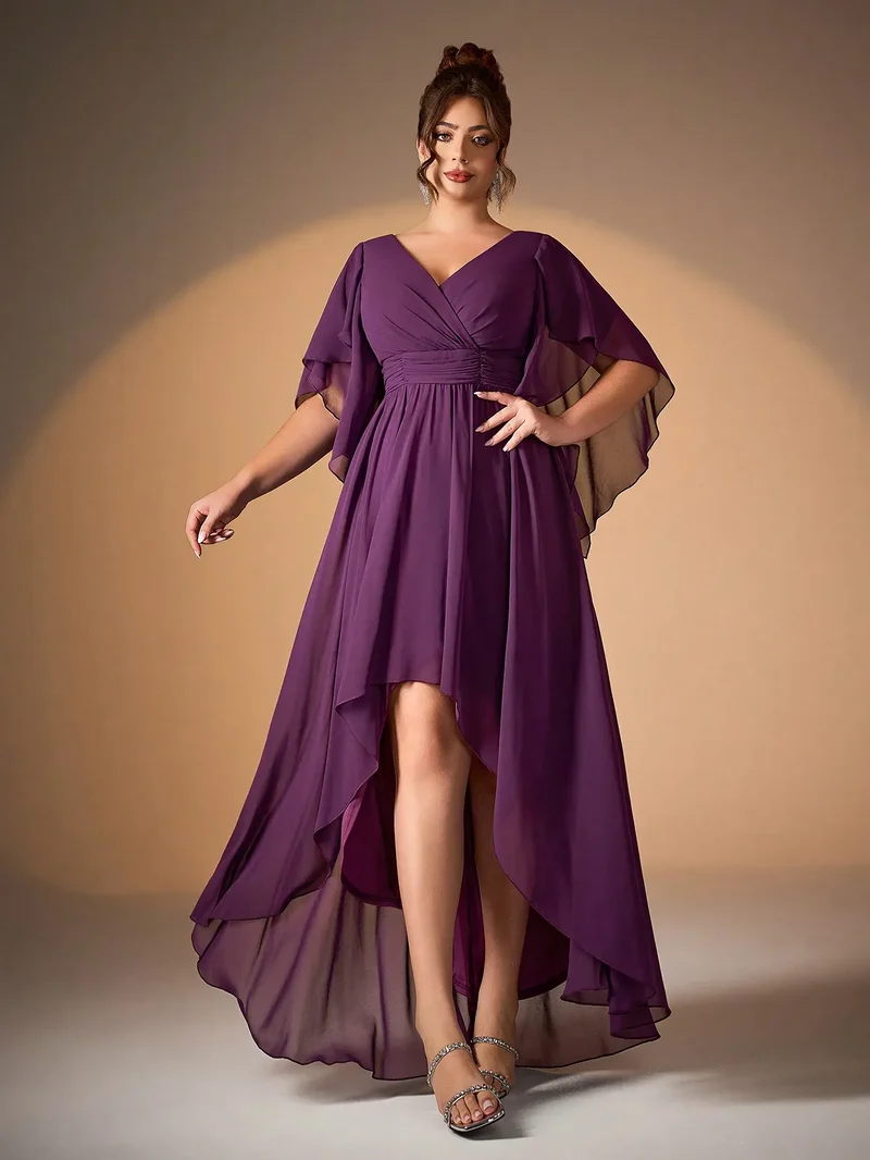 Robe demoiselle d'honneur violette asymétrique fluide