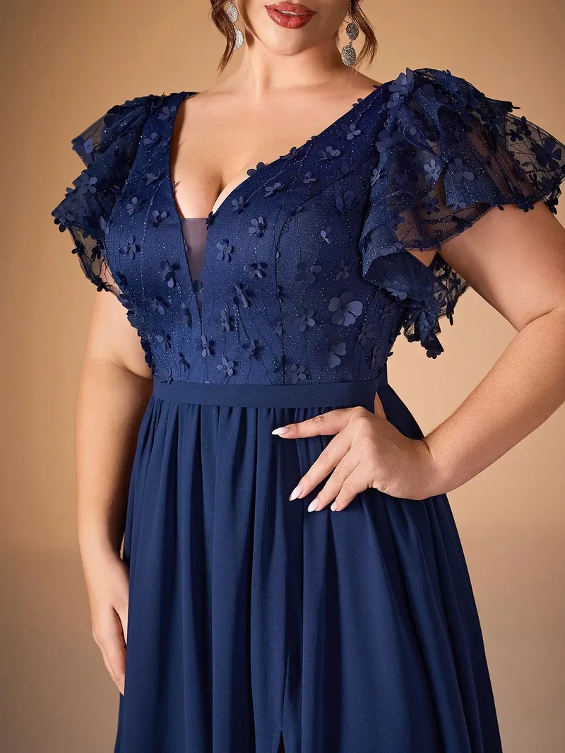 Robe de soirée longue bleue grande taille haut en dentelle brodée