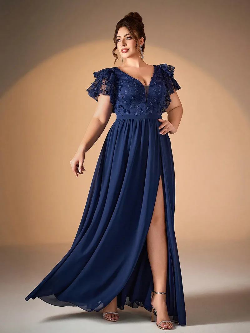 Robe de soirée longue bleue grande taille haut en dentelle brodée