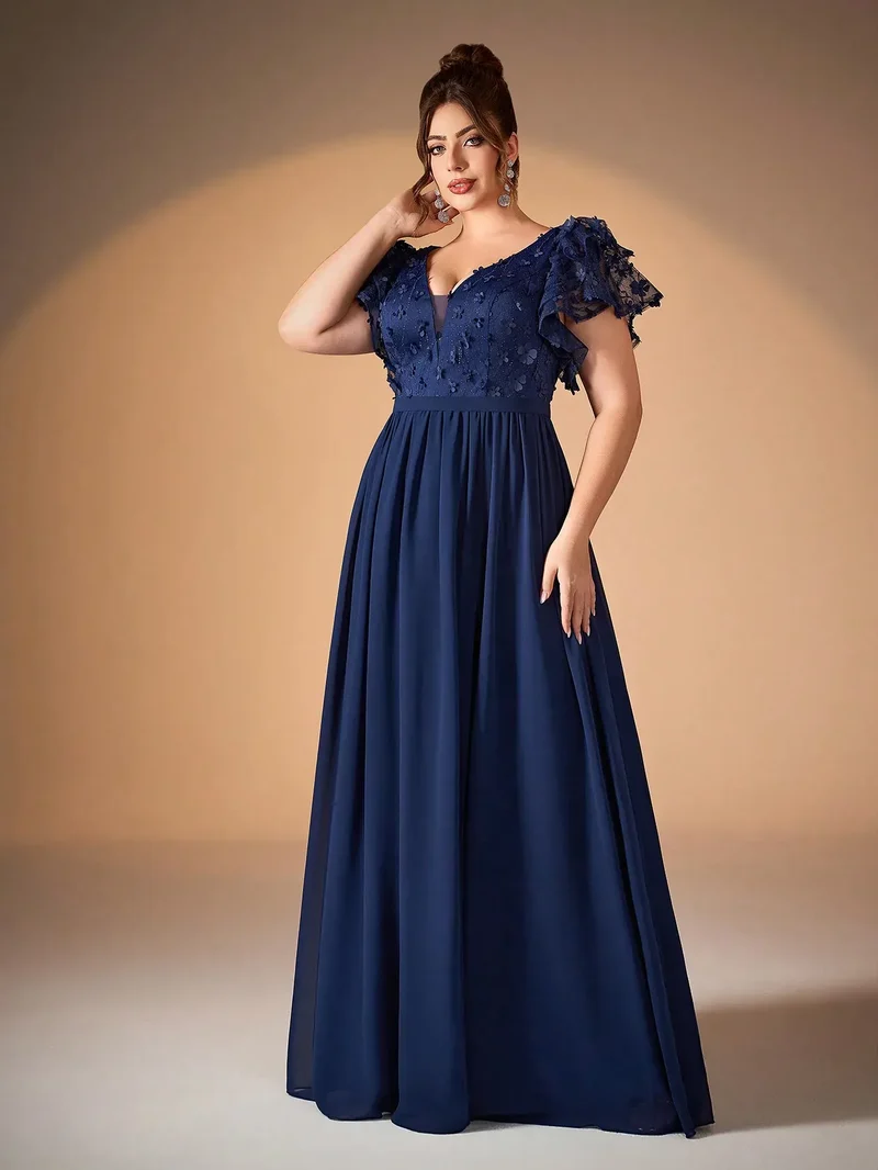 Robe de soirée longue bleue grande taille haut en dentelle brodée