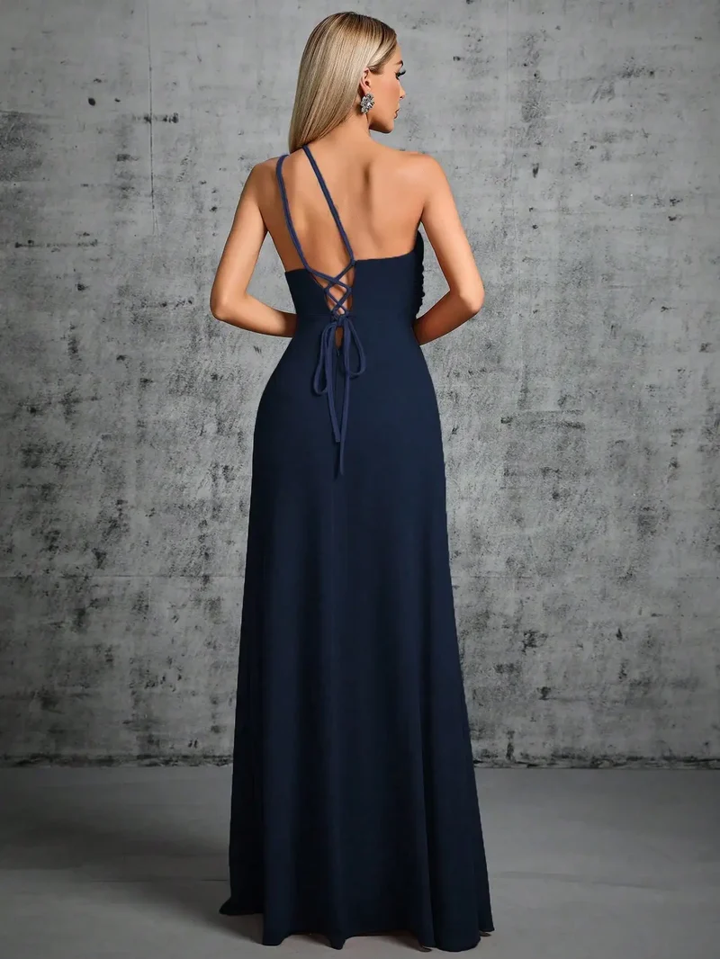 Robe de gala longue bleue marine avec fente