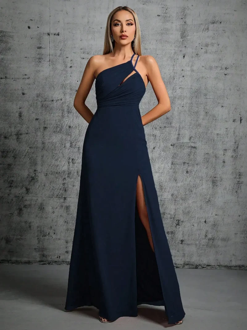Robe de gala longue bleue marine avec fente