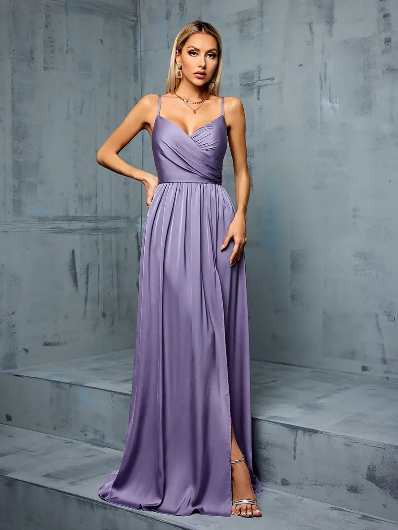 Robe de soirée lilas satinée longue